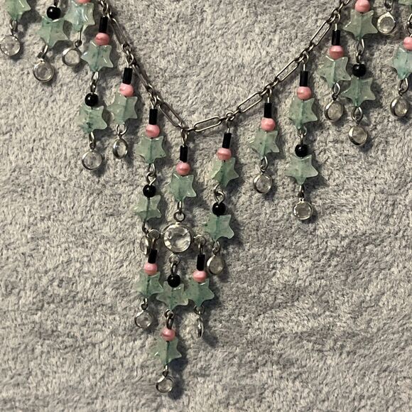 Vintage .925 Sterling Lucy Isaacs Aventurine Stars and Czech Glass Necklace - Picture 3 of 7